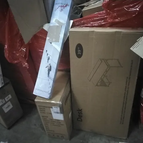 PALLET OF ASSORTED PRODUCTS AND HOUSEHOLD GOODS TO INCLUDE;DESK,BABY STROLLER,CRUTCH