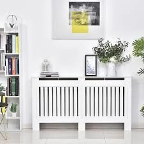 BOXED HOMCOM SLATTED RADIATOR COVER PAINTED CABINET MDF LINED GRILL IN WHITE (152L X 19W X 81H cm)
