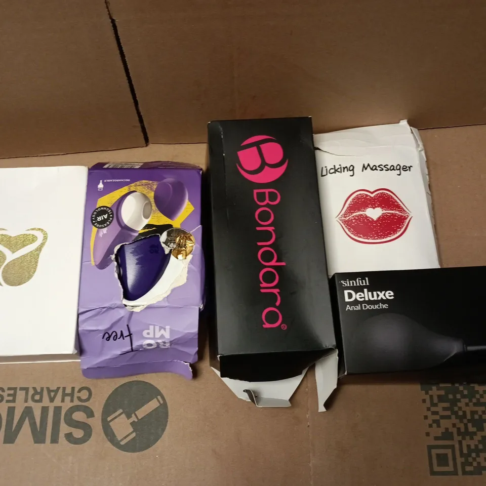 LOT OF 5 ASSORTED ADULT PLEASURE ITEMS TO INCLUDE SINFUL ANAL DOUCHE, LICKING MASSAGER AND BONDARA DILDO