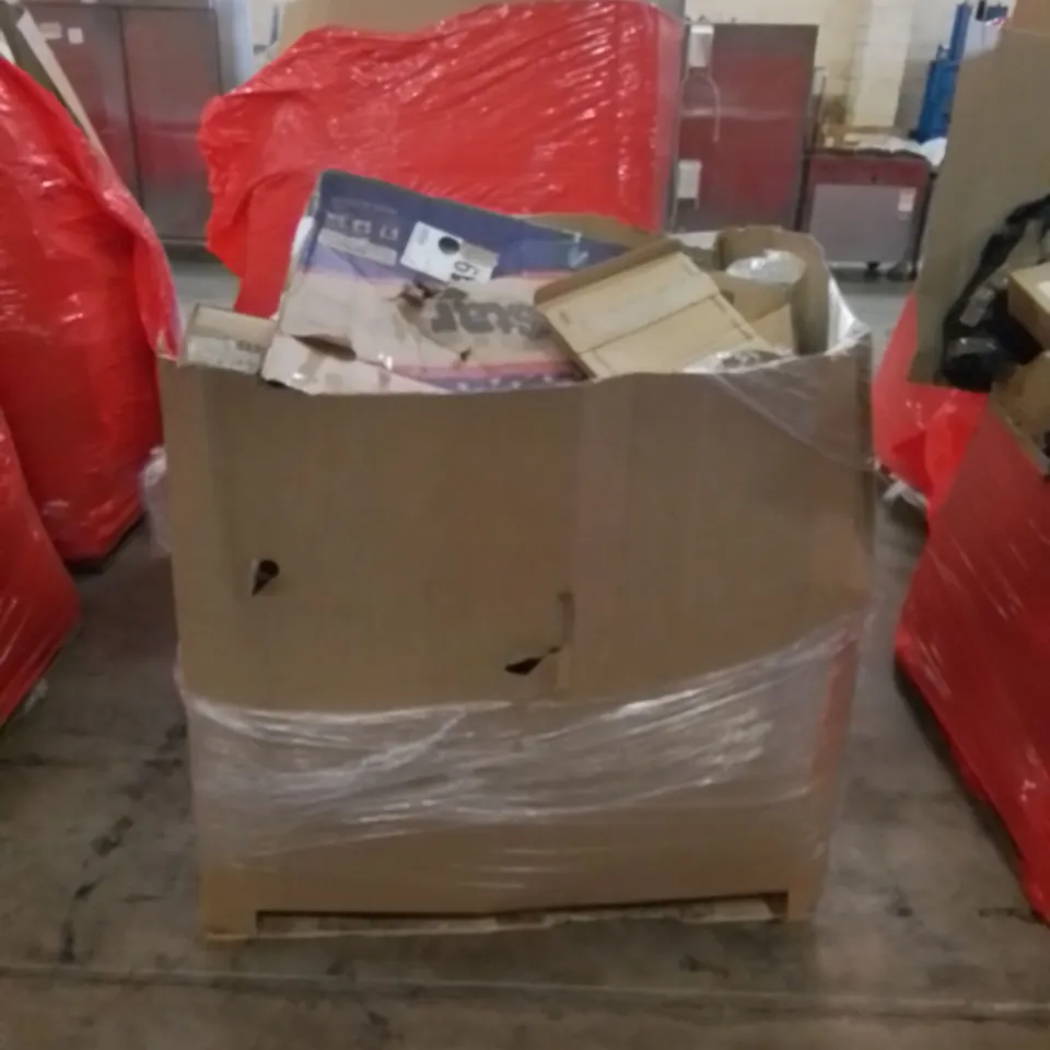 PALLET CONTAINING ASSORTED HOME IMPROVEMENT PRODUCTS. INCLUDES BLINDS, GARDEN POP-UP GAZEBO, SWING SET, KIDS BIKE IN PINK ETC 