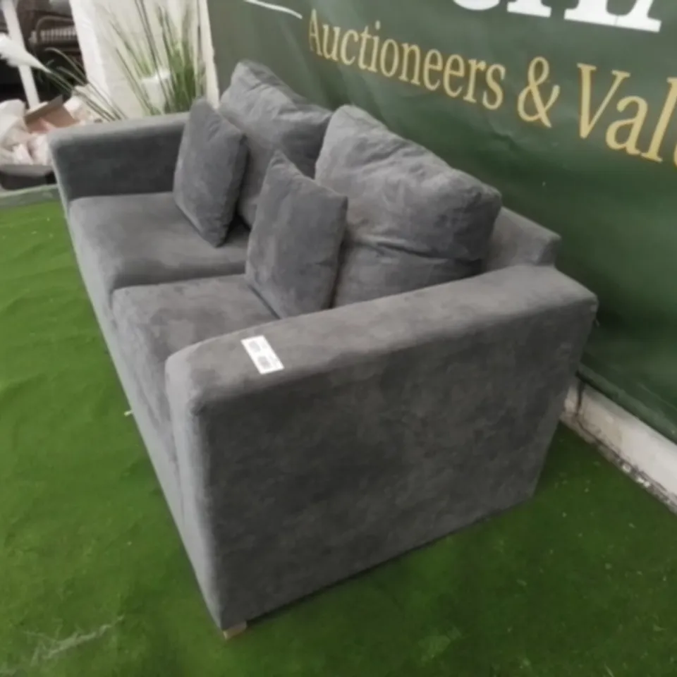 DESIGNER GREY FABRIC TWO SEATER SOFABED WITH SIDE CUSHIONS