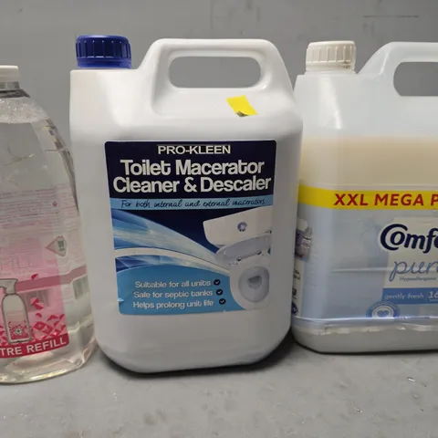 APPROXIMATELY 4 ASSORTED LIQUIDS TO INCLUDE :  COMFORT FABRIC CONDITIOR , PRO KLEEN TOILET MACERATOR CLEANER & DESCALER , METHOD REFILL ETC