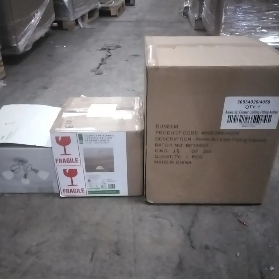 PALLET CONTAINING A VERY LARGE QUANTITY OF ASSORTED DESIGNER LIGHTING PRODUCTS INCLUDING:ALEXIA 5LT CLUSTER CEILING FITTING,LILBOURNE CERAMIC CEILING PENDENT LIGHT,SMITHSON CEILING FITTING