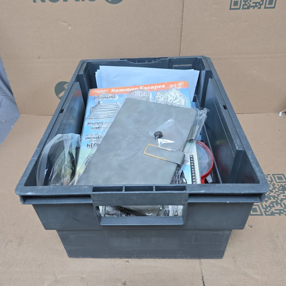 TOTE OF APPROXIMATELY 15 ASSORTED HOUSEHOLD ITEMS TO INCLUDE SIEVES, DIARY, ORANGE BLOOM REFILL, CRAFT SET ETC