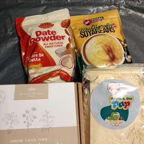 APPROXIMATELY 7 ASSORTED FOOD/DRINK PRODUCTS TO INCLUDE APPLE PAP, DATE POWDER, HERBAL TEA KIT ETC 