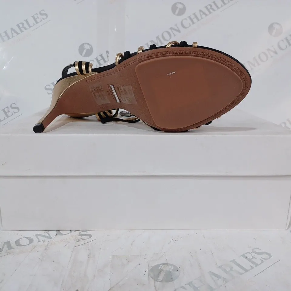 BOXED PAIR OF REISS CASSIDY STRAPPY HEELS IN BLACK/GOLD SIZE 5