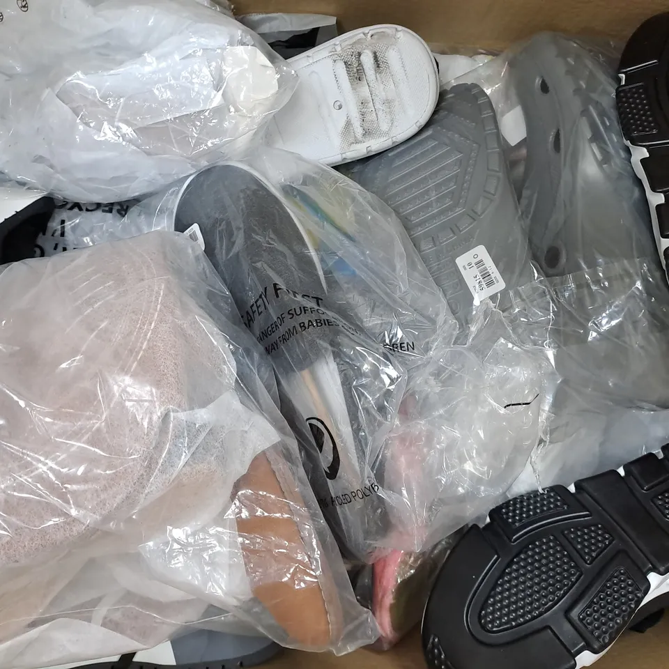 BOX OF APPROXIMATELY 15 ASSORTED PAIRS OF SHOES AND FOOTWEAR ITEMS IN VARIOUS COLOURS, STYLES, AND SIZES - COLLECTION ONLY