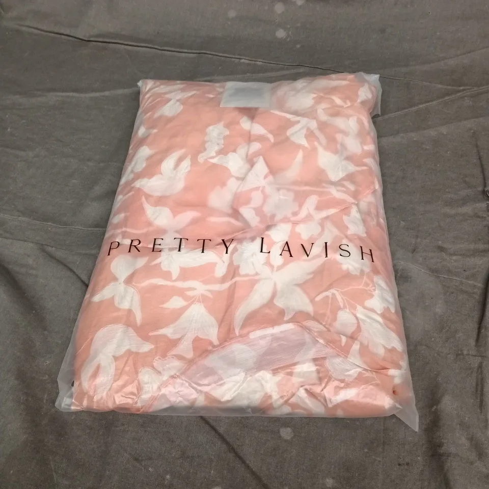 PRETTY LAVISH MADISON RUFFLE MAXI DRESS – TERRACOTTA BOTANICAL PRINT, UK 12