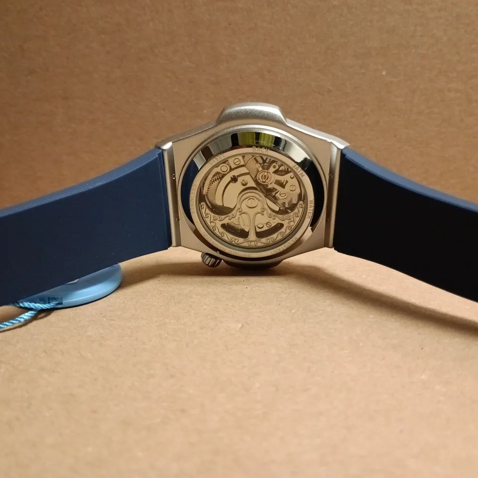 BOXED BERNARD REINHARDT SKELETON WATCH – STAINLESS STEEL CASE, BLUE RUBBER STRAP