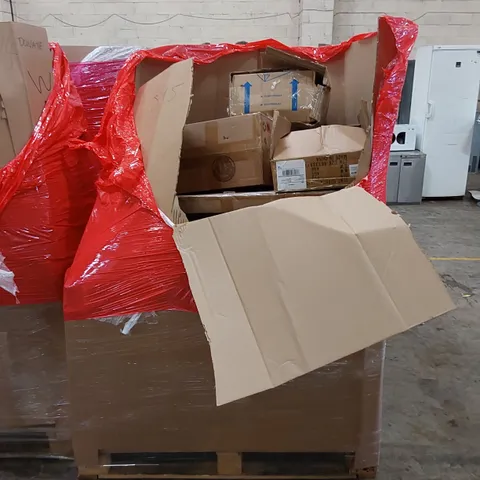 PALLET OF ASSORTED HOUSEHOLD ITEMS AND CONSUMER PRODUCTS. INCLUDING OFFICE CHAIR, MIRROR, BOXED FURNITURE ETC