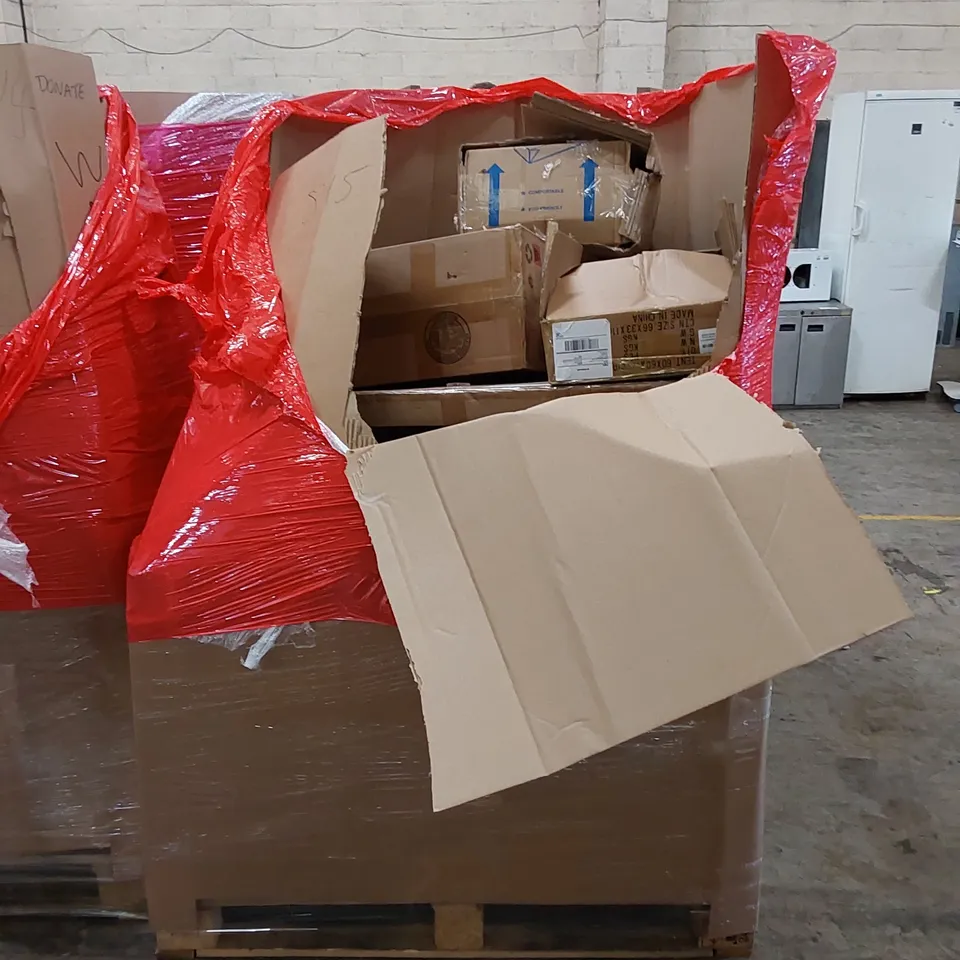 PALLET OF ASSORTED HOUSEHOLD ITEMS AND CONSUMER PRODUCTS. INCLUDING OFFICE CHAIR, MIRROR, BOXED FURNITURE ETC