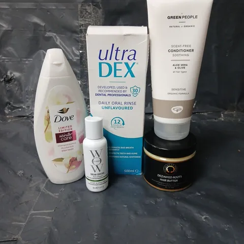 APPROXIMATEY 20 ASSORTED HEALTH AND BEAUTY PRODUCTS TO INCLUDE DOVE BODY WASH, ULTRA DEX MOUTH RINSE AND HAND BUTTER