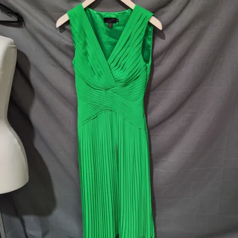 TED BAKER LONDON EMERALD GREEN SLEEVELESS PLEATED DRESS – CROSS-WAIST BODICE (SIZE 0) .