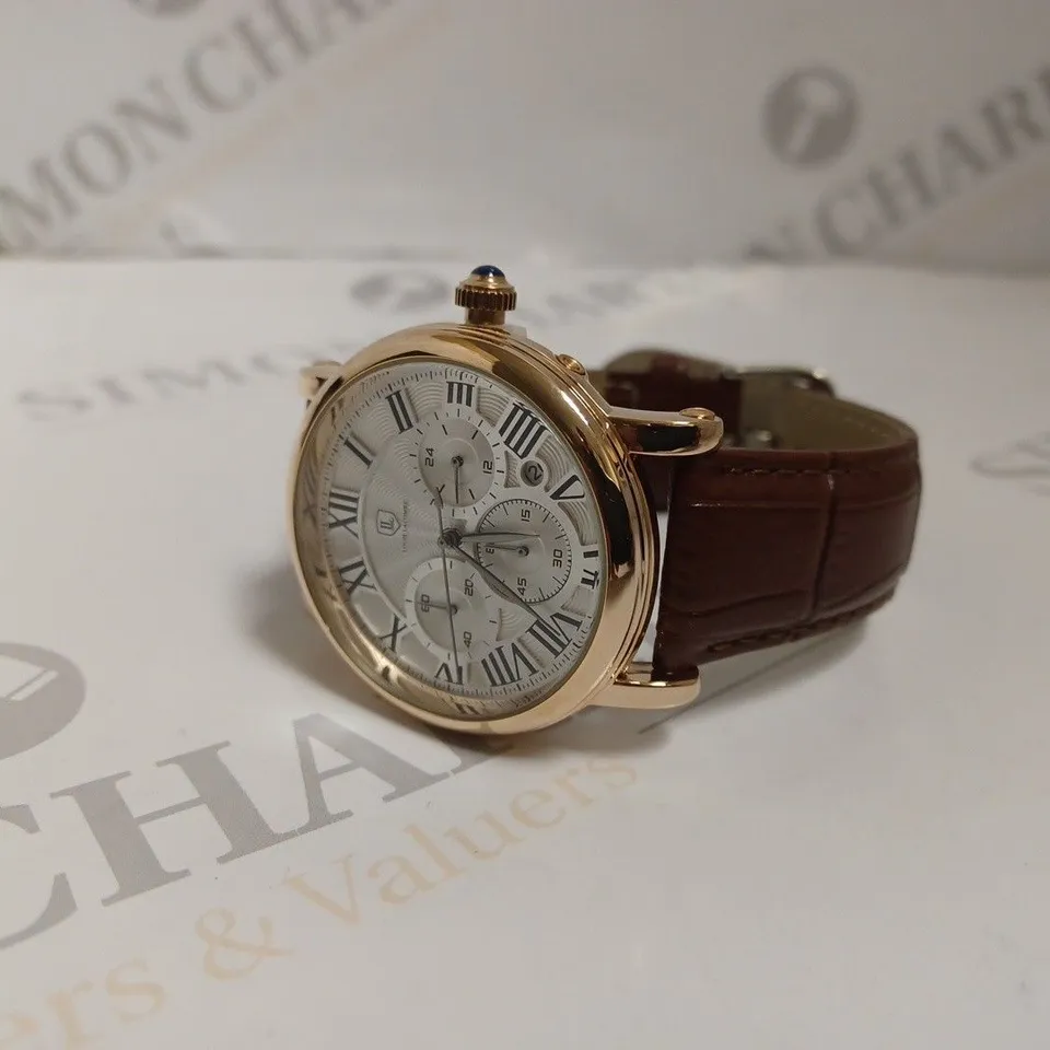 BOXED LOUIS LACOMBE MENS LUXURY CHRONOGRAPH WATCH - ROMAN NUMERAL DIAL - LEATHER STRAP 