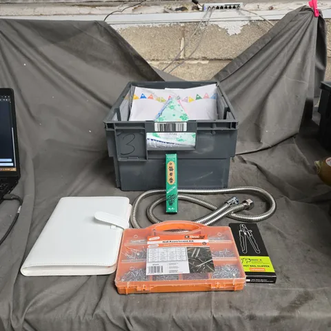 APPROXIMATELY 15 ITEMS INCLUDING A NAIL ASSORTMENT KIT A CARD HOLDER  BINDER  ,AND  A SET OF PLIERS AND VARIOUS HOUSEHOLD ITEMS .