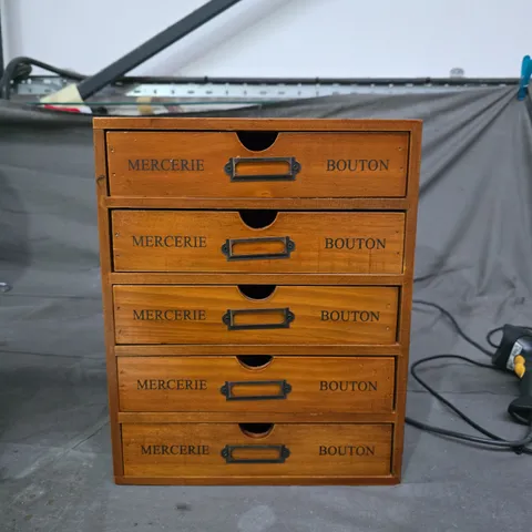 VINTAGE STYLE WOODEN HABERDASHERY CHEST WITH FIVE DRAWERS – MERCERIE & BOUTON LABELS