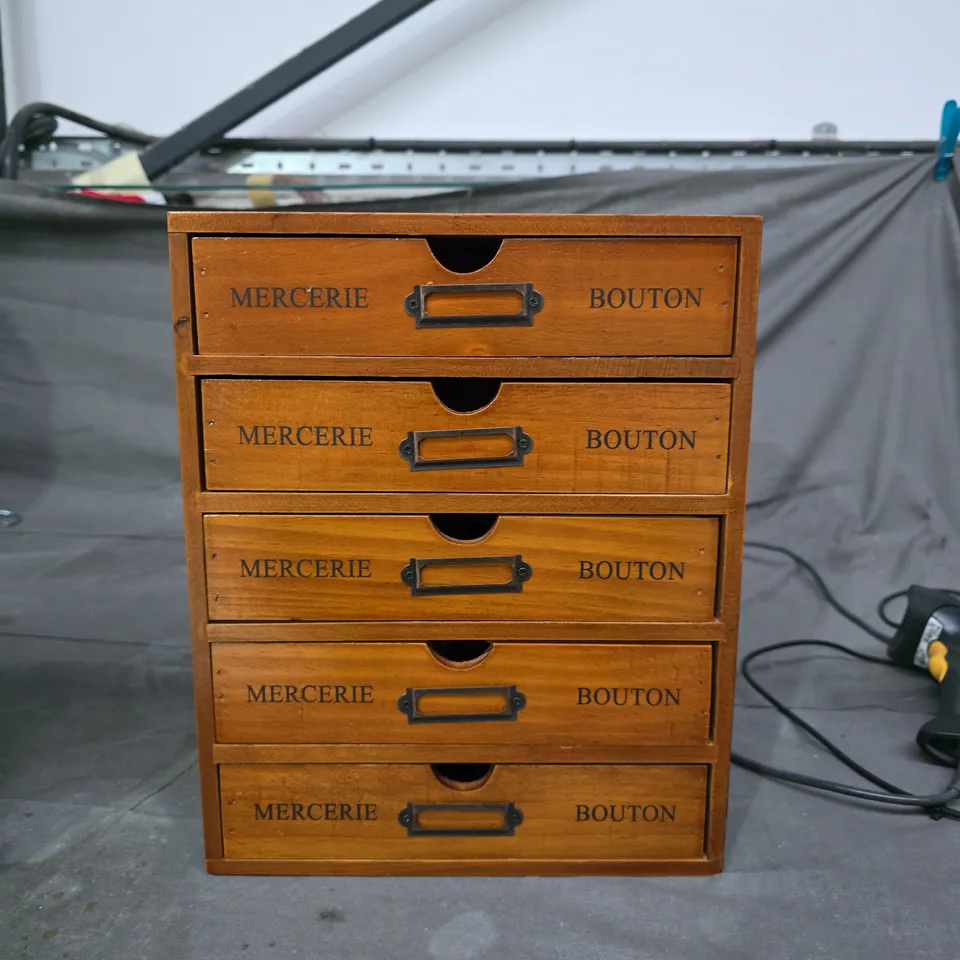 VINTAGE STYLE WOODEN HABERDASHERY CHEST WITH FIVE DRAWERS – MERCERIE & BOUTON LABELS