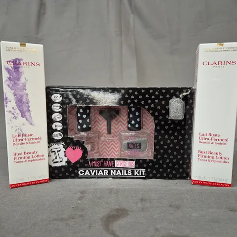 BOX OF APPROXIMATELY 10 ASSORTED HEALTH AND BEAUTY ITEMS TO INCLUDE CAVIAR NAILS SET, CLARINS FIRMING LOTION, ETC - COLLECTION ONLY