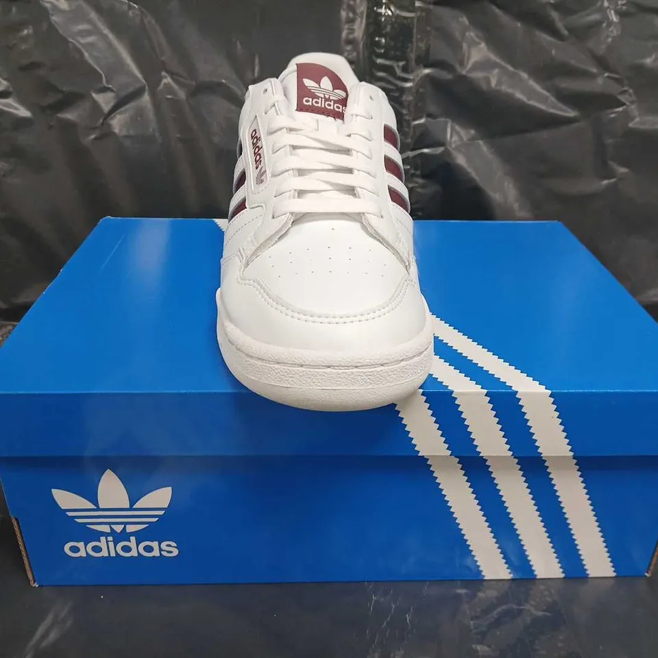 BOXED PAIR OF ADIDAS CONTINENTAL 80 STRIP SHOES IN WHITE/BURGUNDY SIZE UK 9
