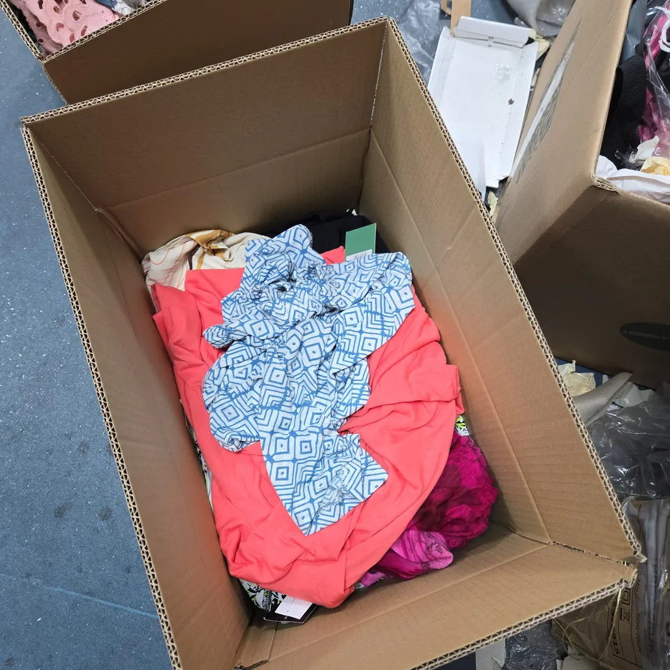 ASSORTED WOMEN'S CLOTHING LOT – PINK & PATTERNED GARMENTS BOX OF APPROXIMATELY 10 ITEMS OF CLOTHING .