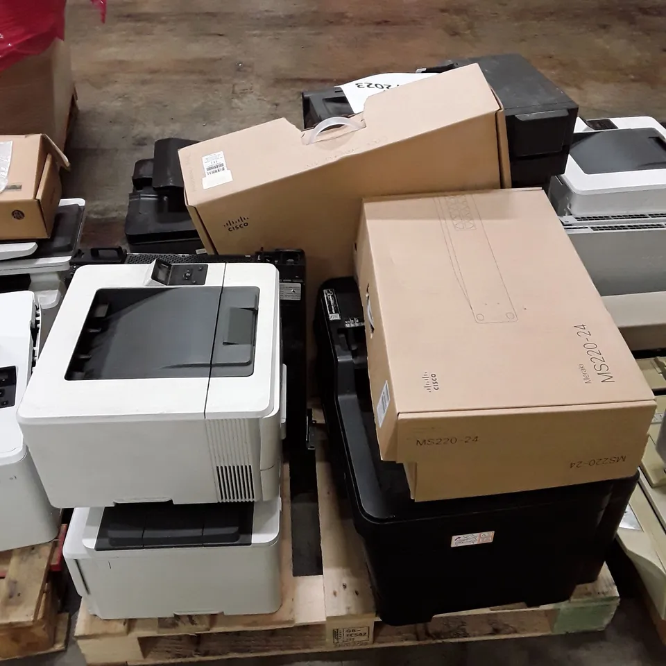 PALLET OF ASSORTED OFFICE EQUIPMENT INCLUDING PRINTERS, DESKTOP & ROUTERS