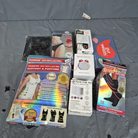 BOX OF APPROXIMATELY 15 ASSORTED HOUSEHOLD ITEMS TO INCLUDE - BEAUTECH BEAUTY DEVICE - COLLAGEN SUPPLEMENT - POSTURE BRA - ETC