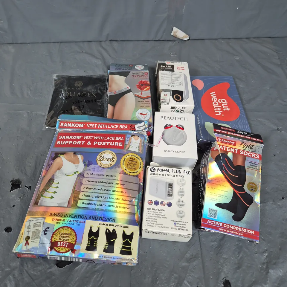 BOX OF APPROXIMATELY 15 ASSORTED HOUSEHOLD ITEMS TO INCLUDE - BEAUTECH BEAUTY DEVICE - COLLAGEN SUPPLEMENT - POSTURE BRA - ETC