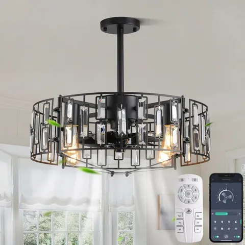BOXED 50CM CRYSTAL CAGES CHANDELIER CEILING FAN WITH LIGHT