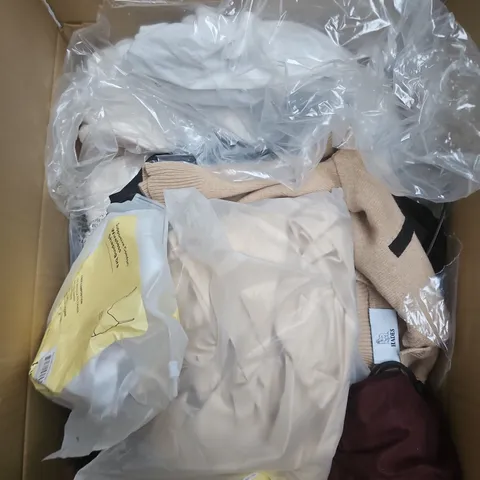LARGE BOX OF APPROXIMATELY 25 ASSORTED CLOTHING ITEMS IN VARIOUS COLOURS, STYLES AND SIZES - COLLECTION ONLY