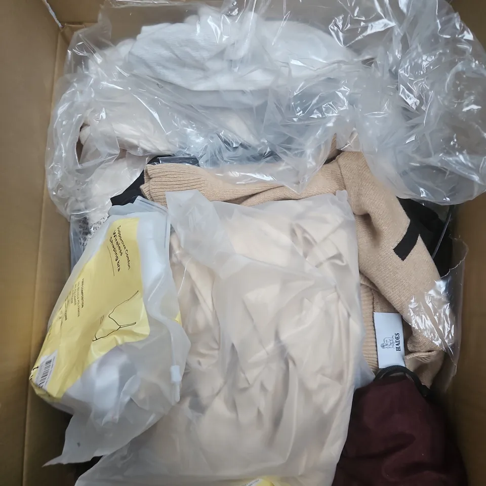 LARGE BOX OF APPROXIMATELY 25 ASSORTED CLOTHING ITEMS IN VARIOUS COLOURS, STYLES AND SIZES - COLLECTION ONLY