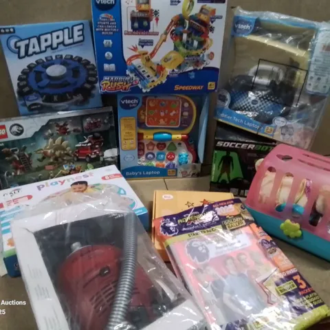 BOX CONTAINING APPROXIMATELY 10 TOYS TO INCLUDE: SOCCERBOT, PLAYNEST, TAPPLE GAME, LEGO JURASSIC PARK PLAYSET, KIDS LAPTOP ETC.