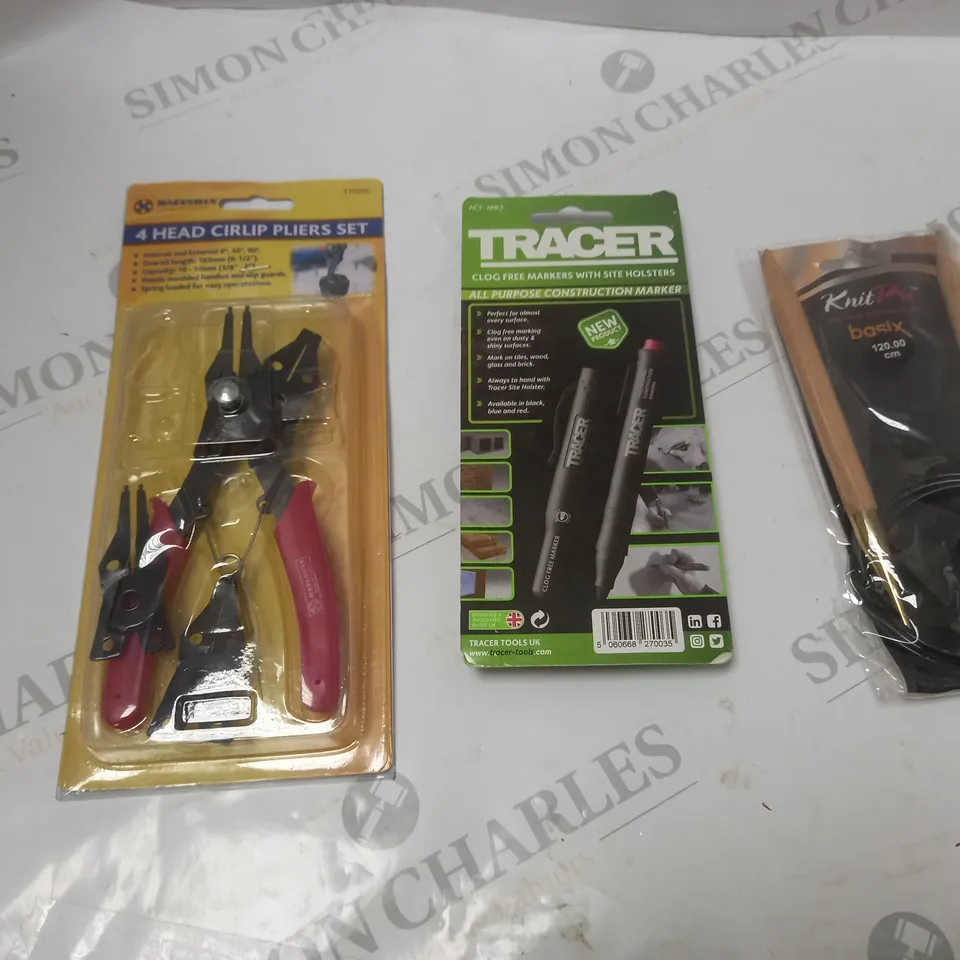 BOX OF APPROXIMATELY 20 TOOLS AND HOUSEHOLD GOODS ITEMS, TO INCLUDE MARKSMAN, TRACER, KNITPRO, ETC