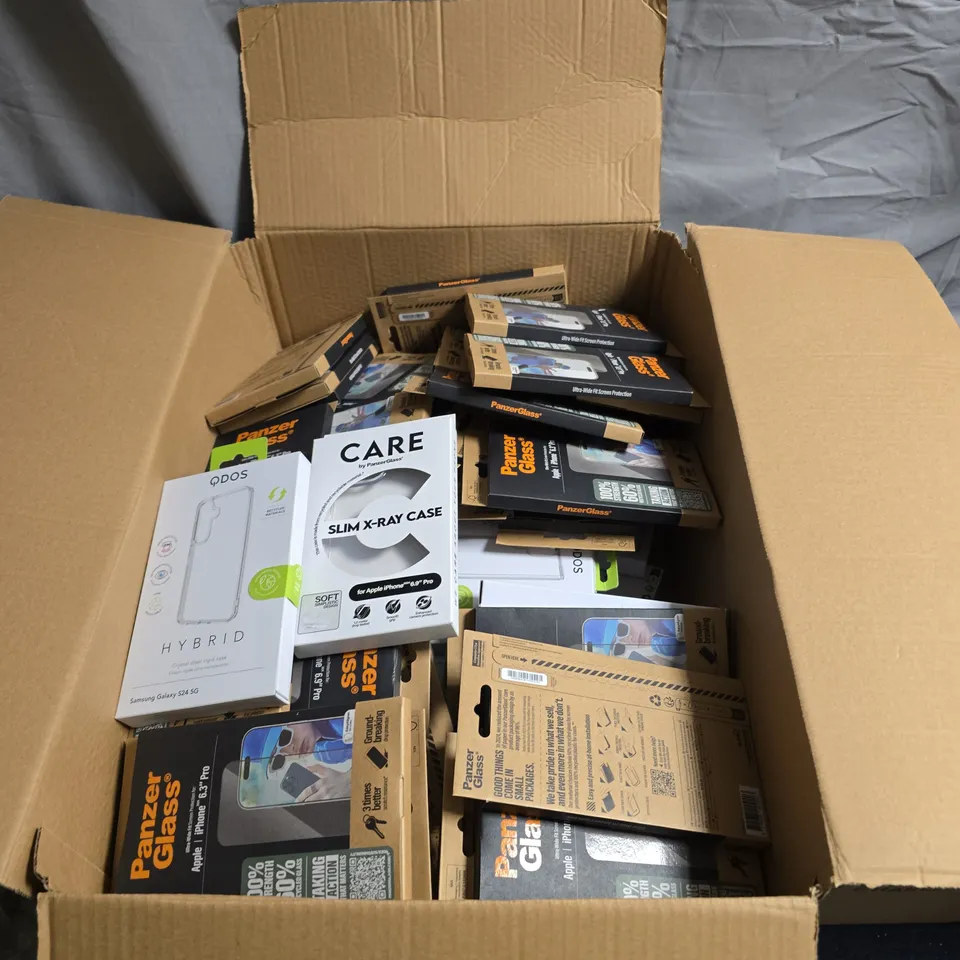 BOX OF APPROXIMATELY 30 ASSORTED PHONE PROTECTIVE COVERS FOR APPLE AND SAMSUNG PRODUCTS
