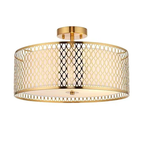 BOXED LUMINOSA CORDERO DECORATIVE FLUSH CEILING LAMP, GOLD EFFECT PLATE, WHITE FABRIC, FROSTED GLASS