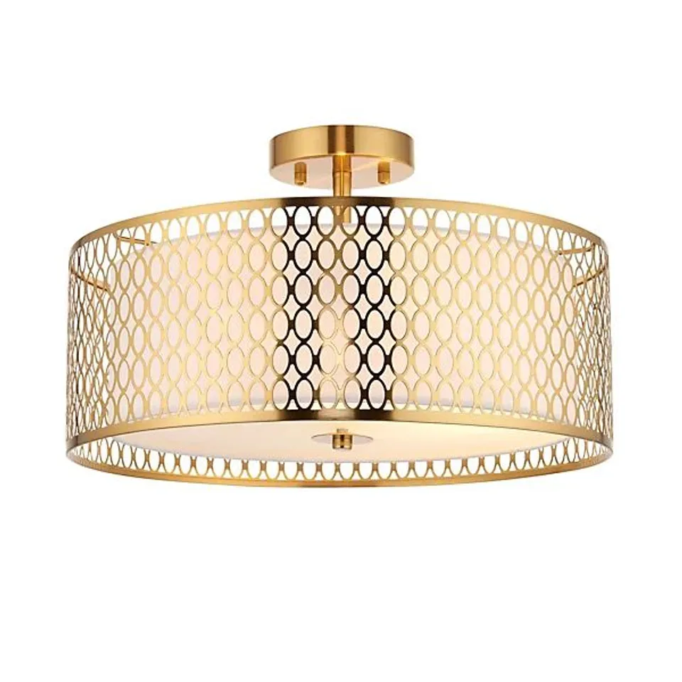 BOXED LUMINOSA CORDERO DECORATIVE FLUSH CEILING LAMP, GOLD EFFECT PLATE, WHITE FABRIC, FROSTED GLASS
