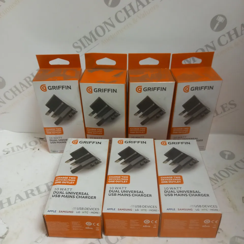 APPROXIMATELY 7 BOXED GRIFFIN 10W DUAL UNIVERSAL USB MAINS CHARGERS 