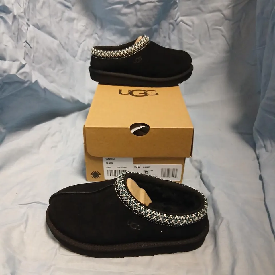 UGG TASMAN SLIPPERS – BLACK SUEDE WITH SILVER CHAIN TRIM, UK KIDS 12