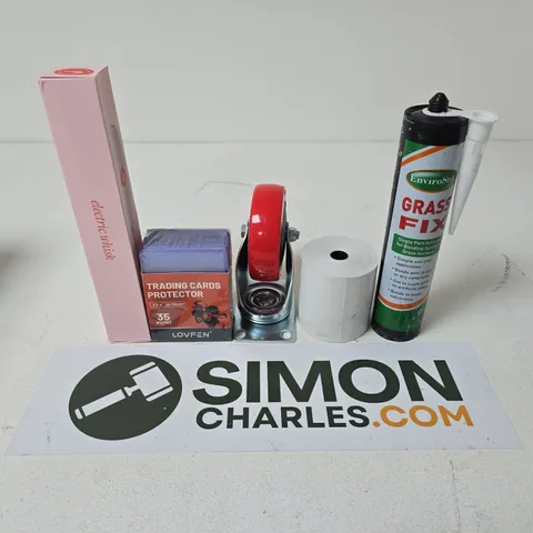 APPROXIMATELY 15 ASSORTED HOUSEHOLD PRODUCTS TO INCLUDE TAPE DISPENSER, TRADING CARD PROTECTORS, TAPE ROLL, GRASS FIX ADHESIVE CAN