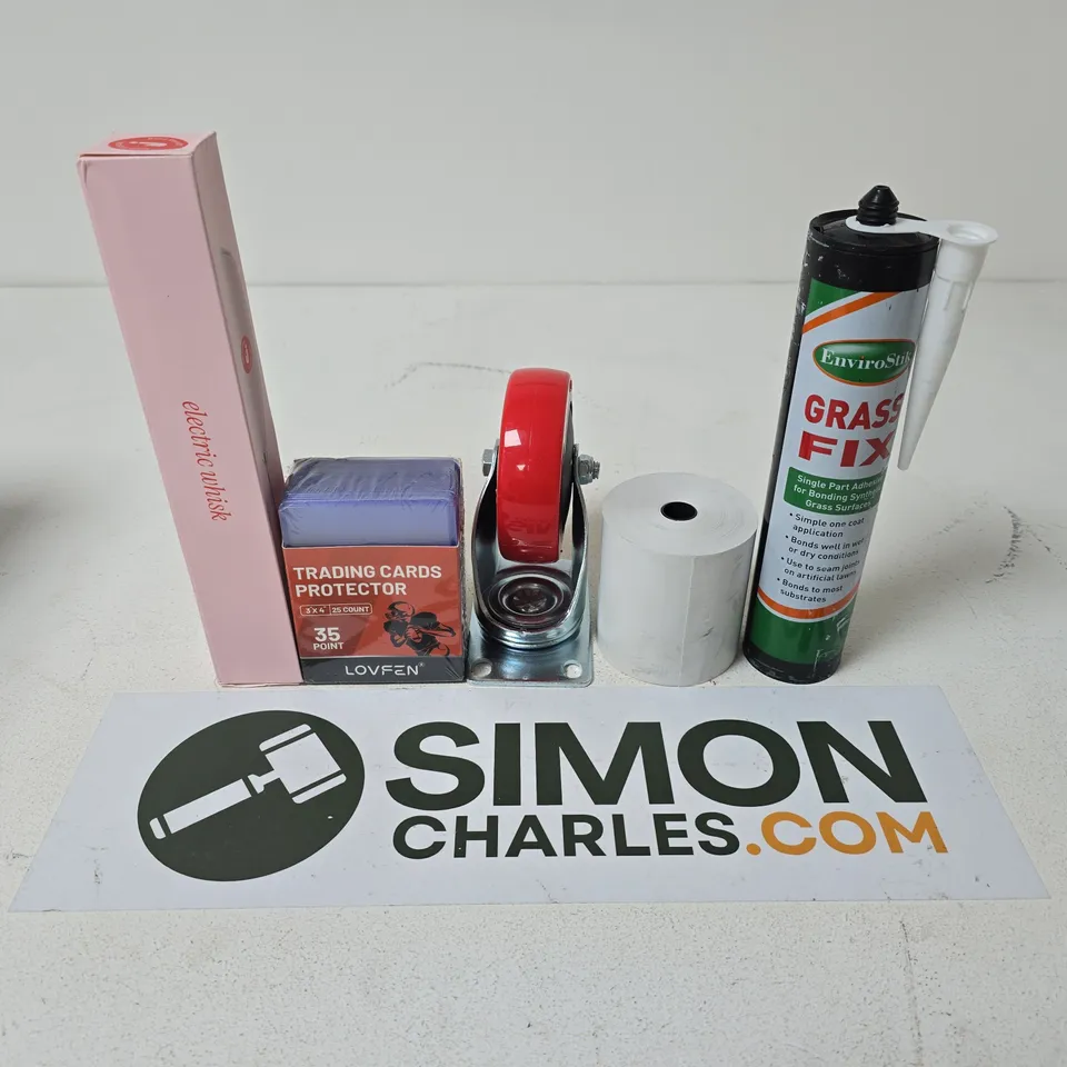 APPROXIMATELY 15 ASSORTED HOUSEHOLD PRODUCTS TO INCLUDE  TAPE DISPENSER, TRADING CARD PROTECTORS, TAPE ROLL, GRASS FIX ADHESIVE CAN