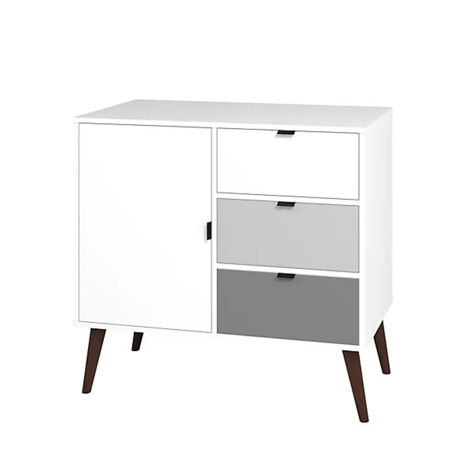 BRAND NEW BOXED OUT & OUT BOSTON WHITE SIDEBOARD WITH GREY ACCENT DRAWERS - 85cm X 44.5cm X 90cm