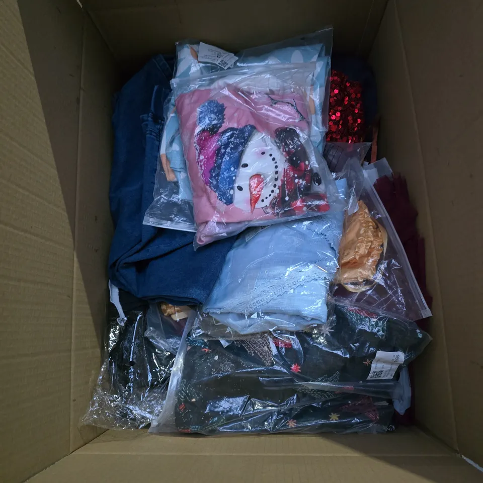 BOX OF APPROXIMATELY 25 ASSORTED CLOTHING ITEMS INCLUDING MONKI BLUE TROUSERS SIZE XS, SNOWMAN XMAS TOP, BLUE DENIM STRETCH TOP JEANS MEDIUM AND FLOWER PATTERN XL TOP