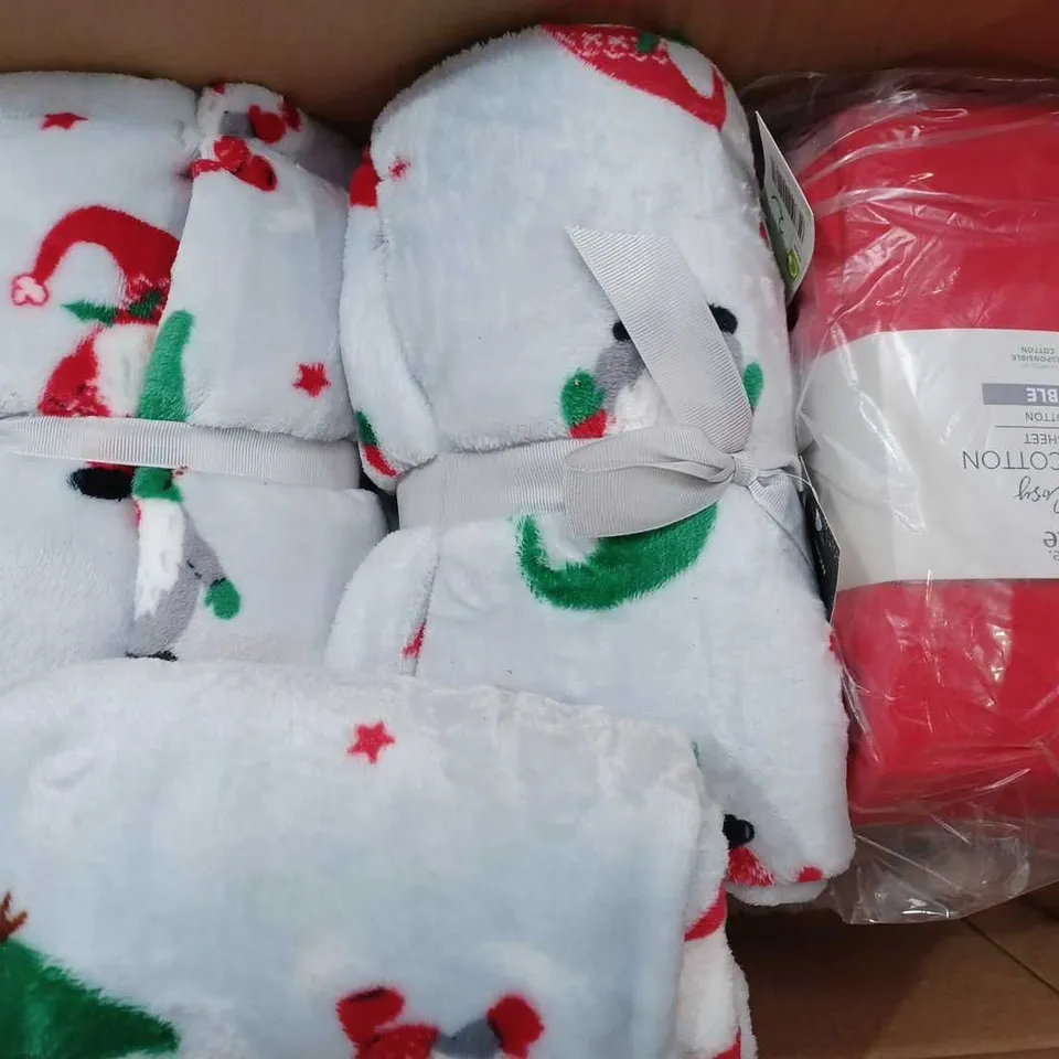 BOX OF APPROX 12 ASSORTED ITEMS TO INCLUDE - CHRISTMAS THROW - BRUSH COTTON SHEETS IN RED - HARRY POTTER SLEEPING BAG ECT 