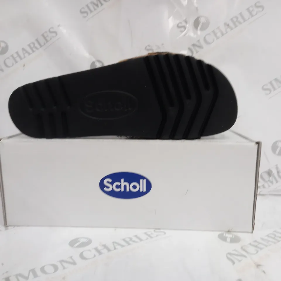 BOXED PAIR OF SCHOLL SANDAL LEATHER SOLE FURRY STRIPED STRAP IN BROWN SIZE 8