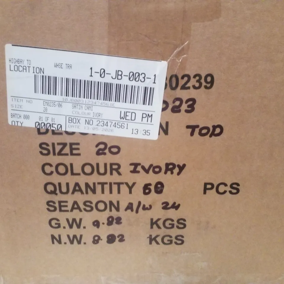 BOX CONTAINING APPROXIMATELY 50 BRAND NEW SIMPLY BE IVORY SATIN CAMIS - SIZE 20