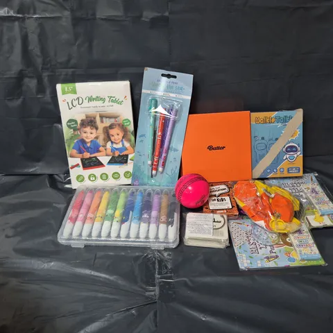 APPROXIMATELY 15 ASSORTED TOYS & GAMES TO INCLUDE BTS BUTTER CD, WALKIETALKIE, LCD WRITING TABLET, ETC
