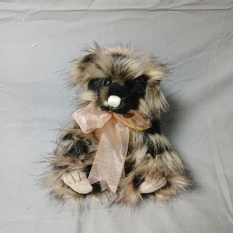 CHARLIEBEAR MOCHA PLUSH TEDDY BEAR WITH LONG FUR AND PINK SATIN BOW