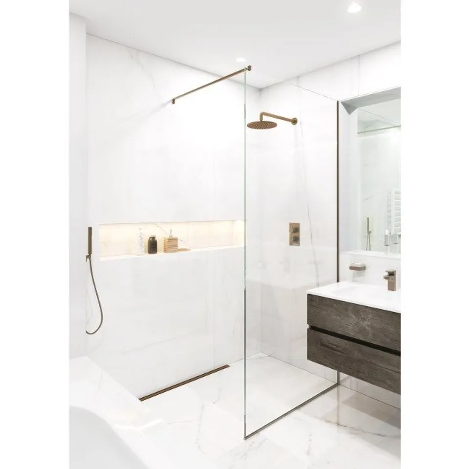 BOXED 2000MM X 845MM BRONZE WETROOM SCREEN WITH WALL BAR 