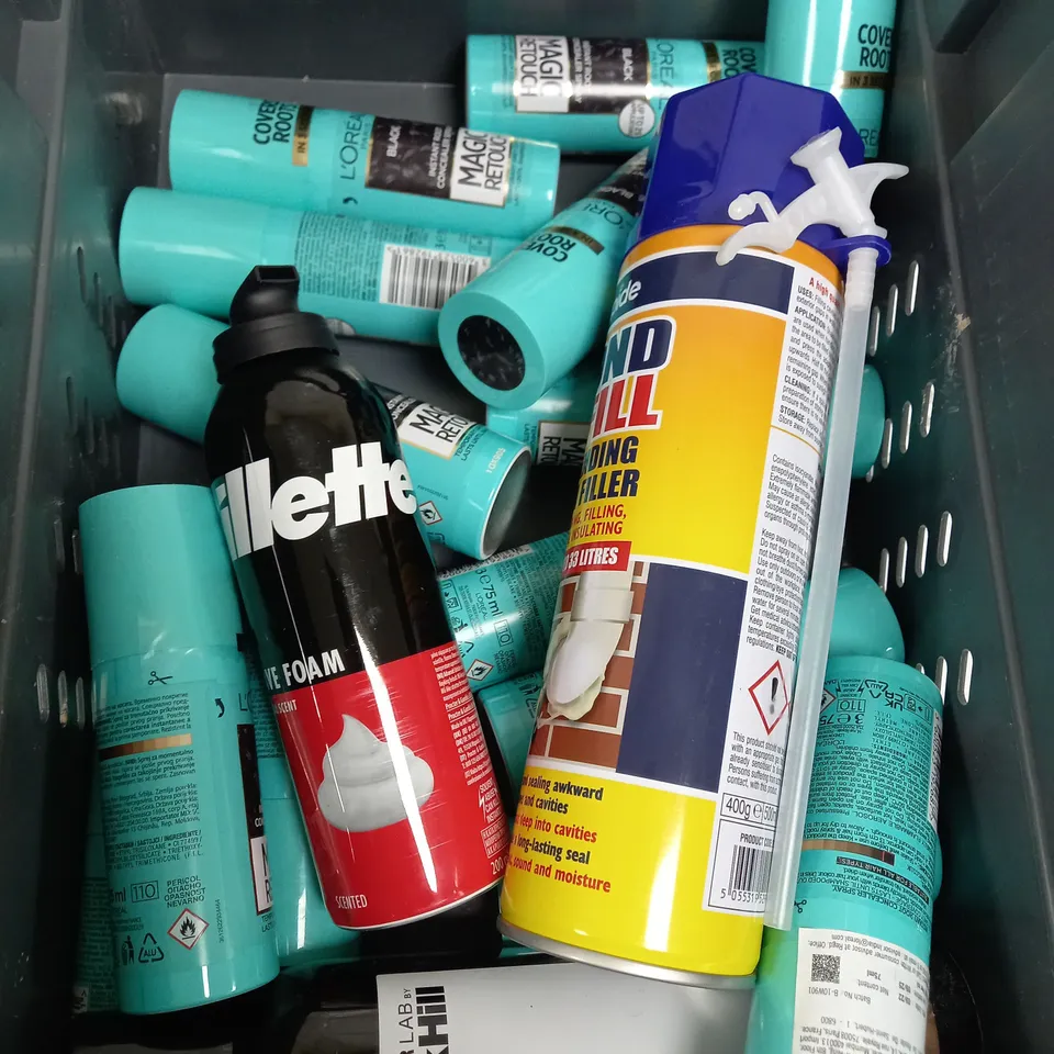 BOX OF APPROX 10 ASSORTED LIQUIDS TO INCLUDE - BOND&FILL, GILLETTE SHAVE FOAM, LOREAL MAGIC RETOUCH ETC