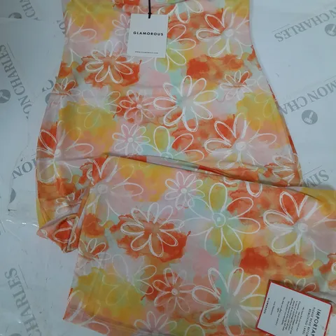 GLAMOROUS YELLOW ORANGE FLORAL MESH BODYCON DRESS - UK 10