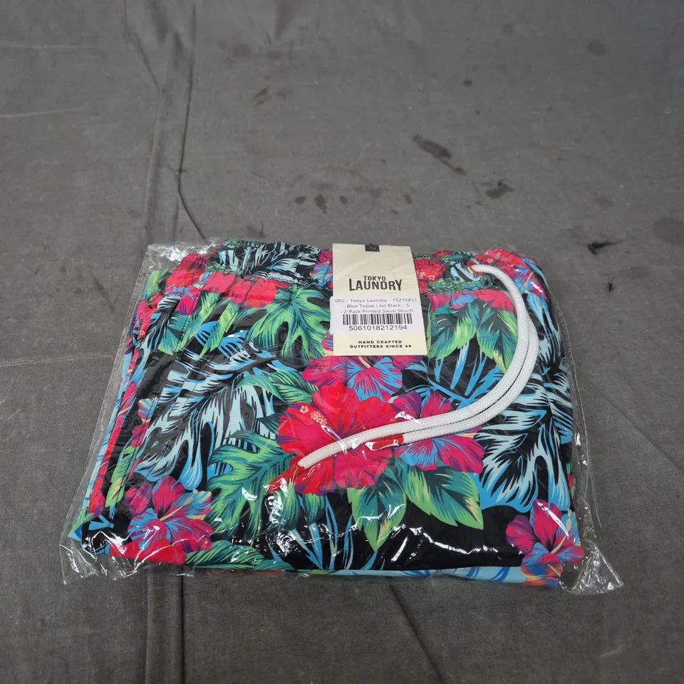 TOKYO LAUNDRY 2-PACK PRINTED SWIM SHORTS - BLUE TOPAZ & JET BLACK - SIZE S - MEN